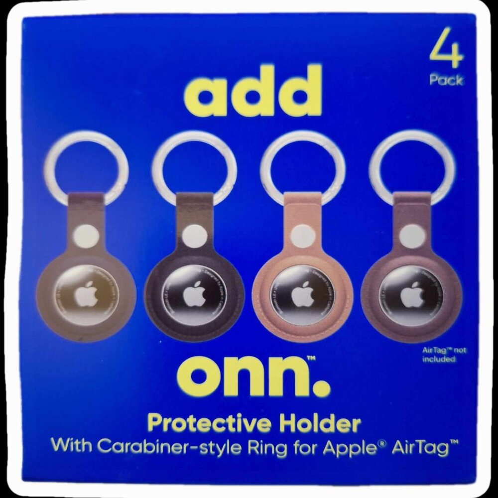 Onn. Apple AirTag Holder w/Ring, Vegan Leather, 4 Pk